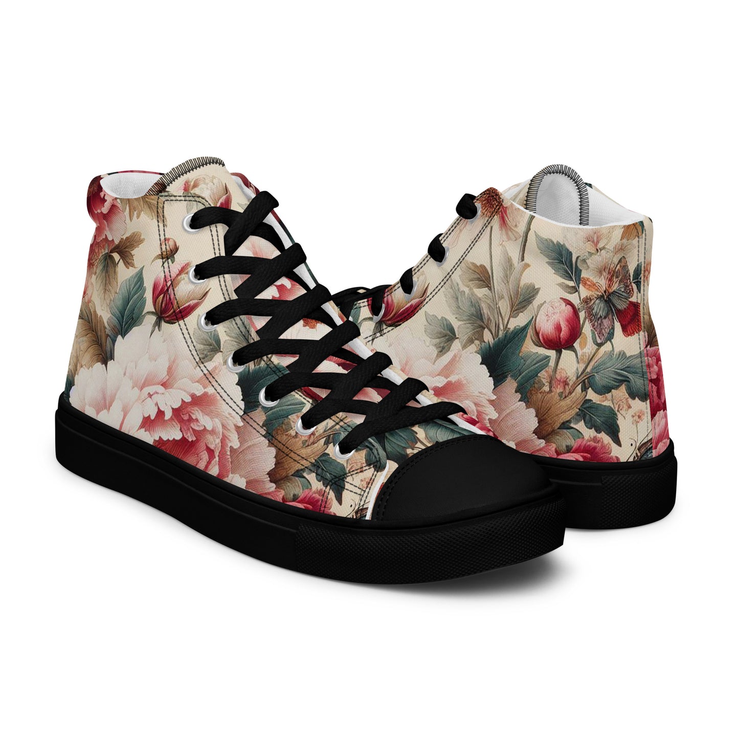 Women’s high top canvas shoes Black and Pink Roses