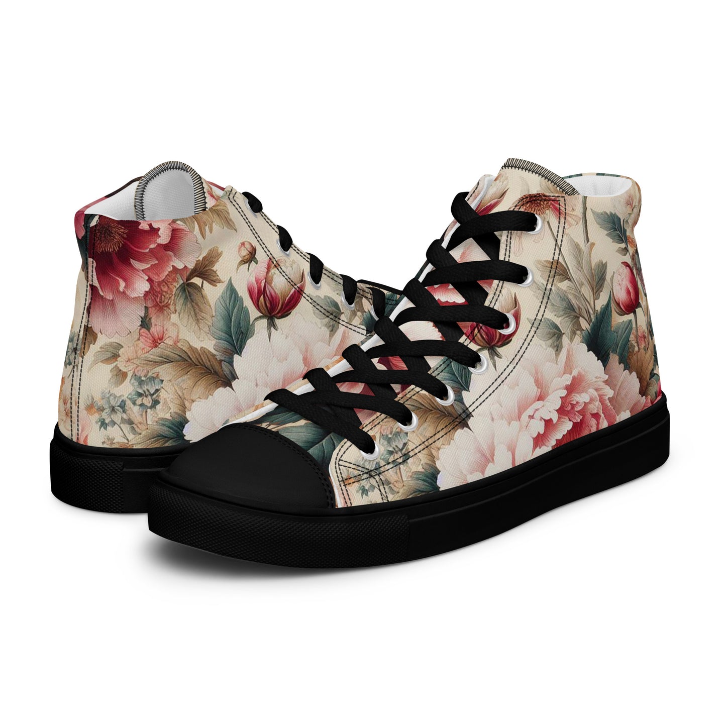 Women’s high top canvas shoes Black and Pink Roses